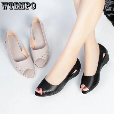 Women's Sandals Summer New Mother's Shoes Cowhide Sole Soft Leather Comfortable Low Heel Fish Mouth Shoes Head Hollow Hundred with Casual Sandals