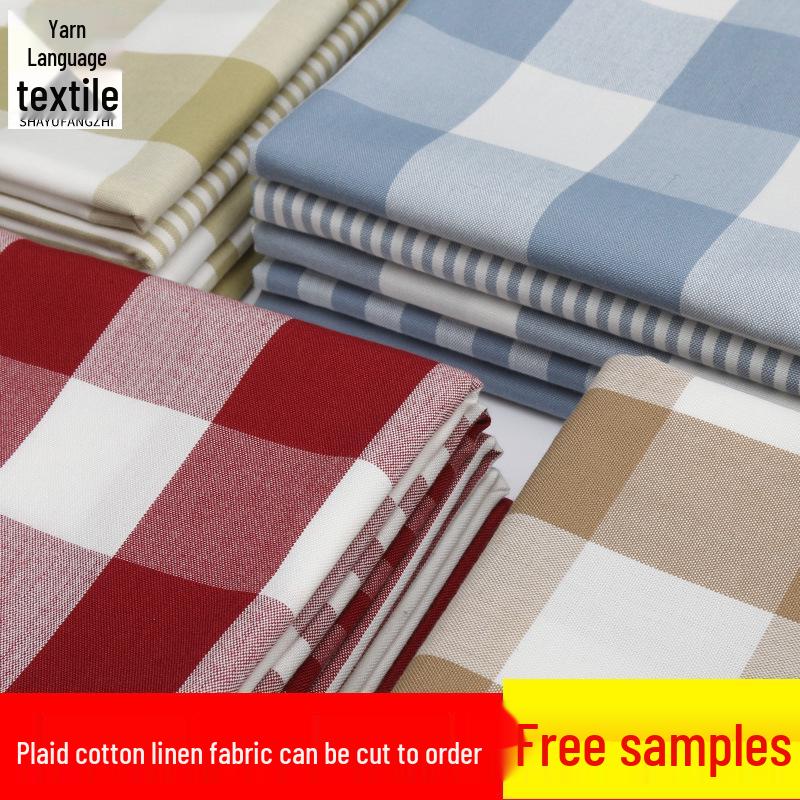 Plaid Cotton Linen Tablecloth and Cushion Fabric Set