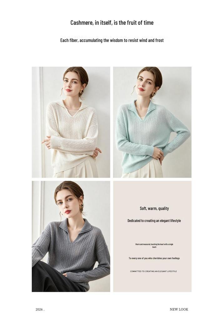Lekasha 100% Pure Cashmere V-Neck Cable Knit Hollow Stitch Top
