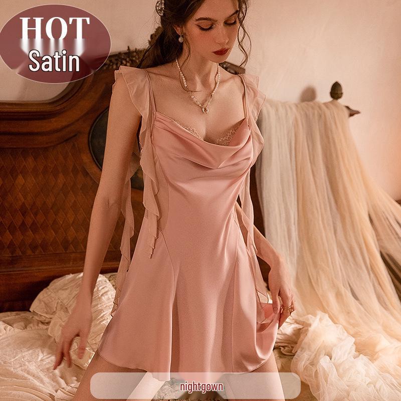 

Женская сексуальная пижама: Раскачивающийся воротник из ледяного шелка, роскошная сетчатая ночная рубашка на подтяжках с верхним халатом M (80-100 jin)