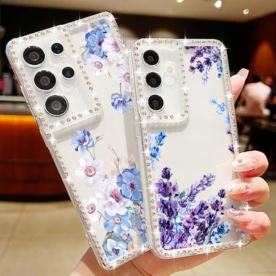 Coque de téléphone transparente à imprimé floral pour Samsung S25 Edge S24 FE S23 Ultra A56 A36 A16 A15 A55 Cadre diamant pailleté Antichoc Housse bumper en silicone souple