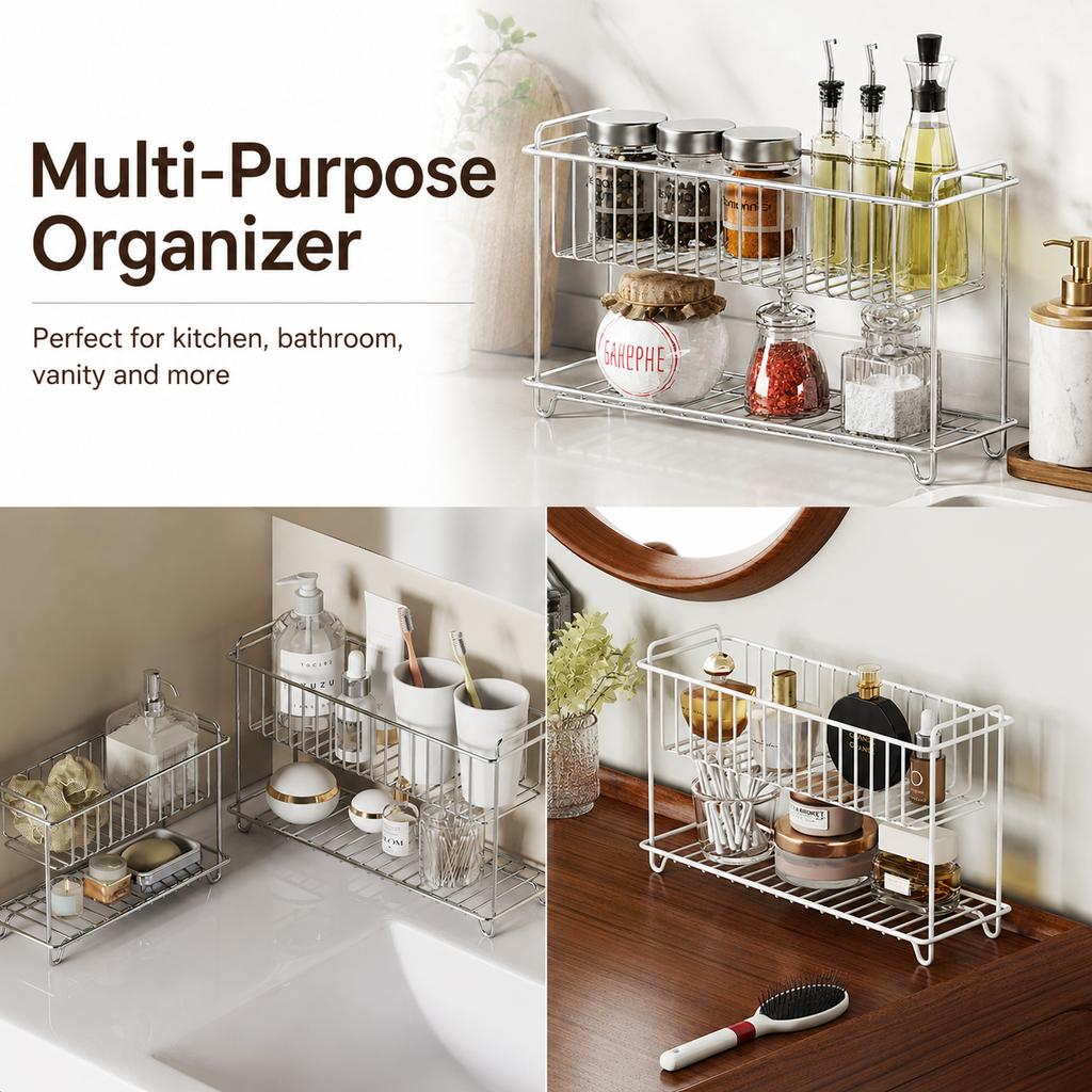 Double Layer Stainless Steel Kitchen Dish Drying Rack Countertop Storage Basket Bathroom Cosmetic Organizer