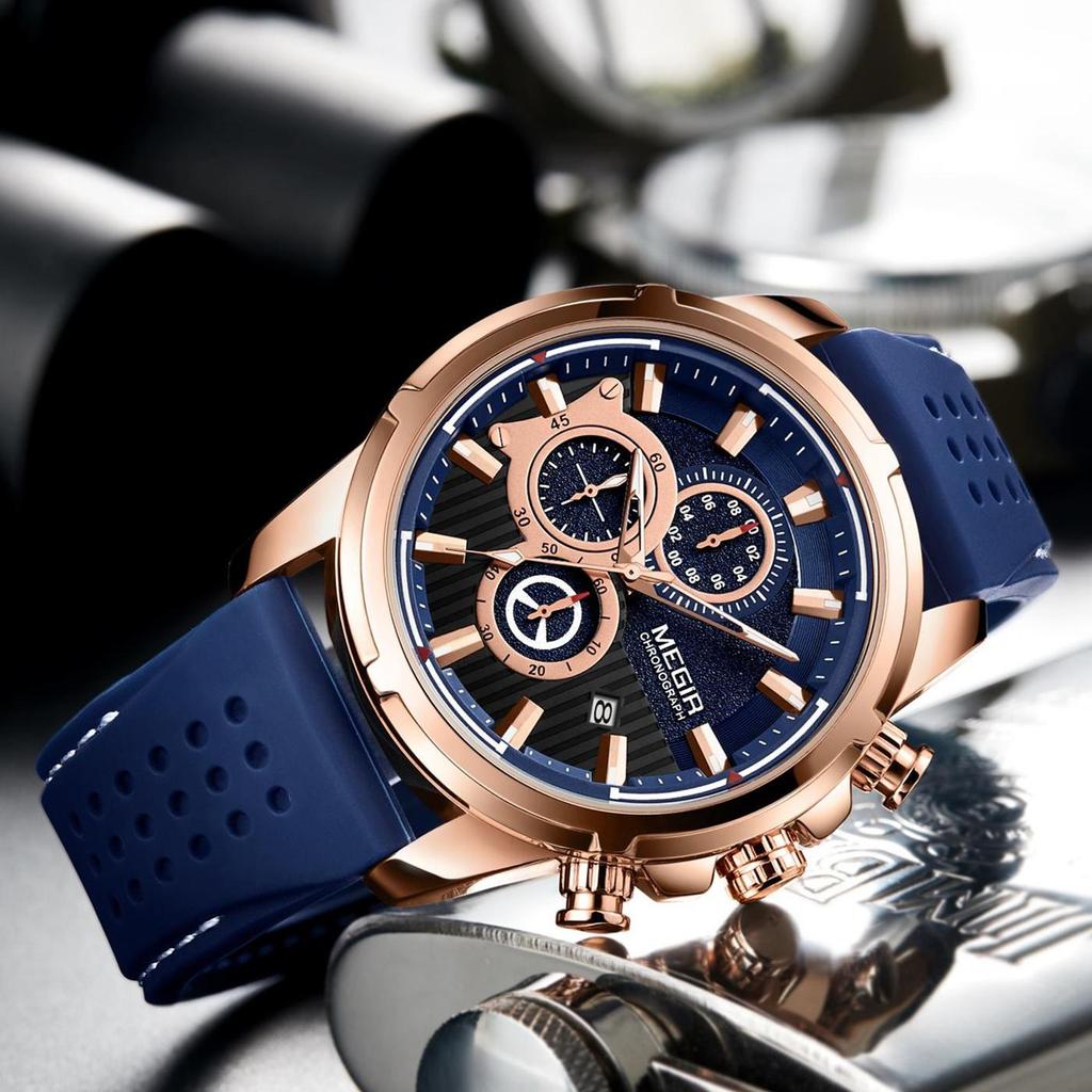 Relogio Masculino MEGIR Ny Sport Chronograph Silikon Herreklokker Toppmerke Luksus Quartz Clock Vanntett Big Dial Watch Herre
