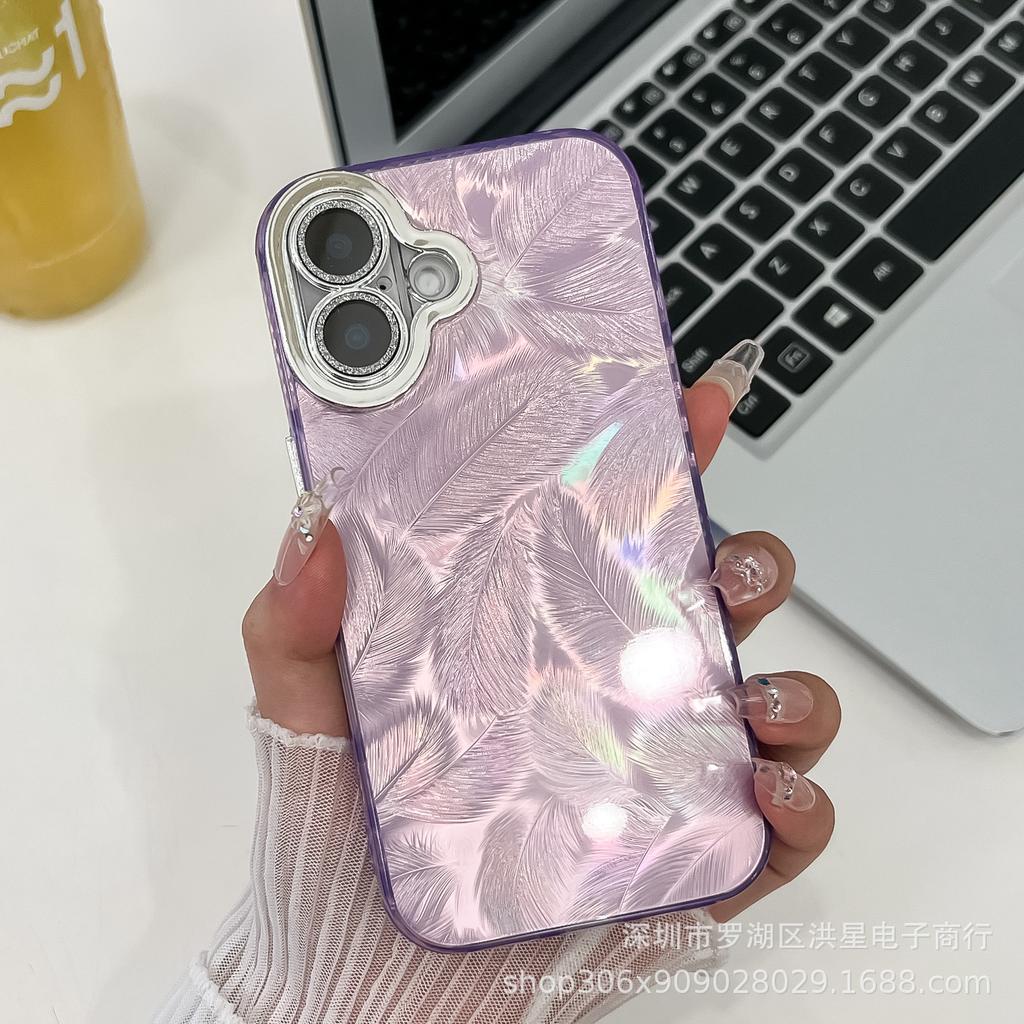 Feather Laser Is Suitable for Apple 16Promax Mobile Phone Case Apple 15 Feather Glitter Lens Film 14 All-inclusive Anti-drop.