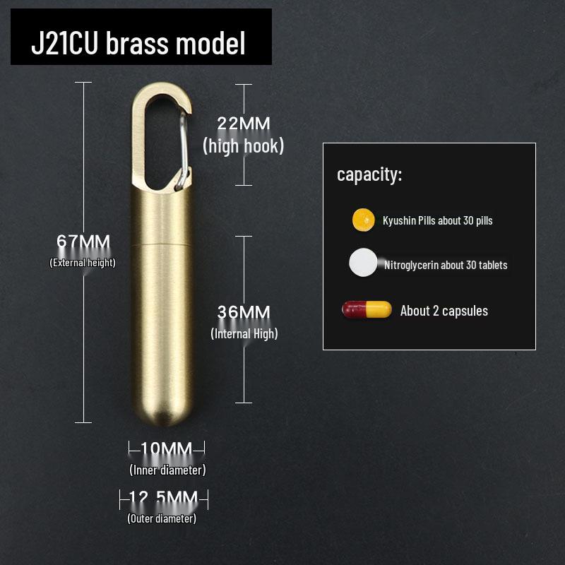 Compact Brass Pill Bottle: Waterproof, Dustproof, Moisture-Proof Storage Jar with Key Hook - Ideal for Travel or Everyday Use.