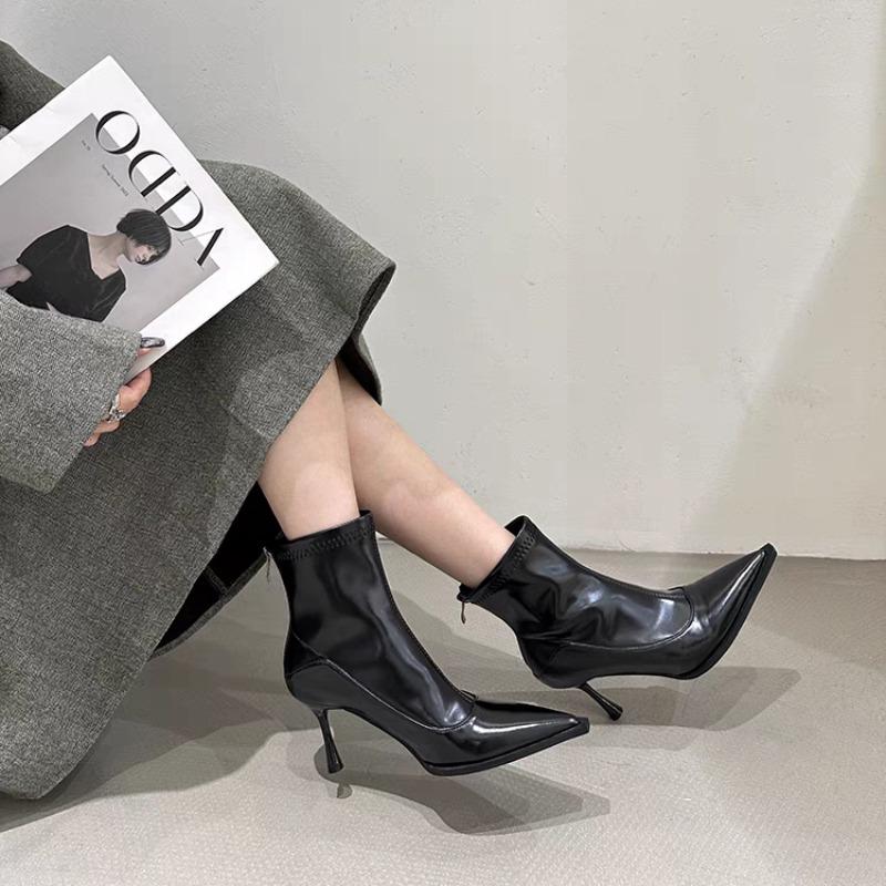 2025 Fashionable and Elegant Pointed Toe High Heel Short Boots Autumn Winter New Style Thin Retro Fashion Boots