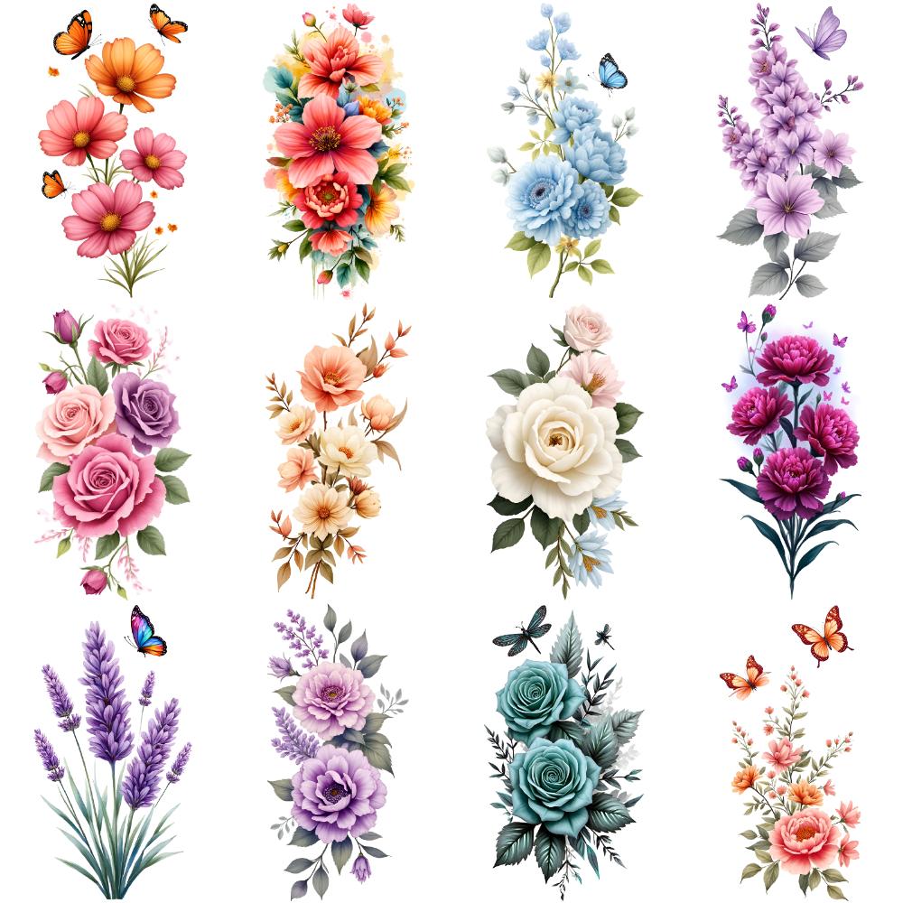 12pcs Temporary Tattoo Floral Designs Temporary Tattoo Stickers Butterflies Colorful For Back Arms Adult