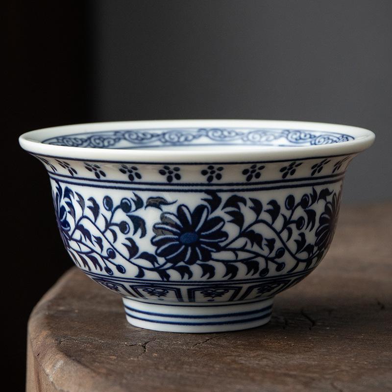 Ceramic Blue and White Underglaze Large Master Single Tasting Kung Fu Tea Bowl Retro Handheld Cup Wholesale