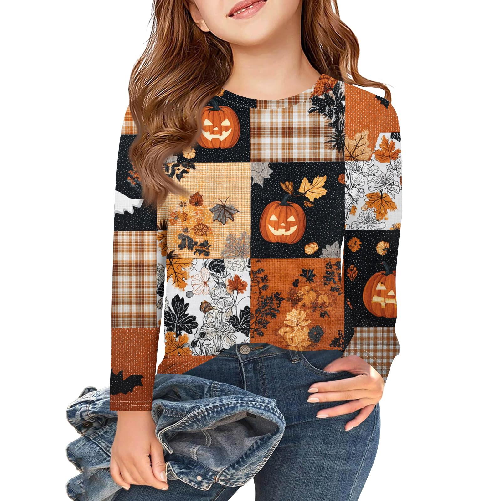 

Girls Long Sleeve T Shirts Kids Fall Tops Crewneck Halloween Printed Basic Tees 3-9Y 160 помаранчевий