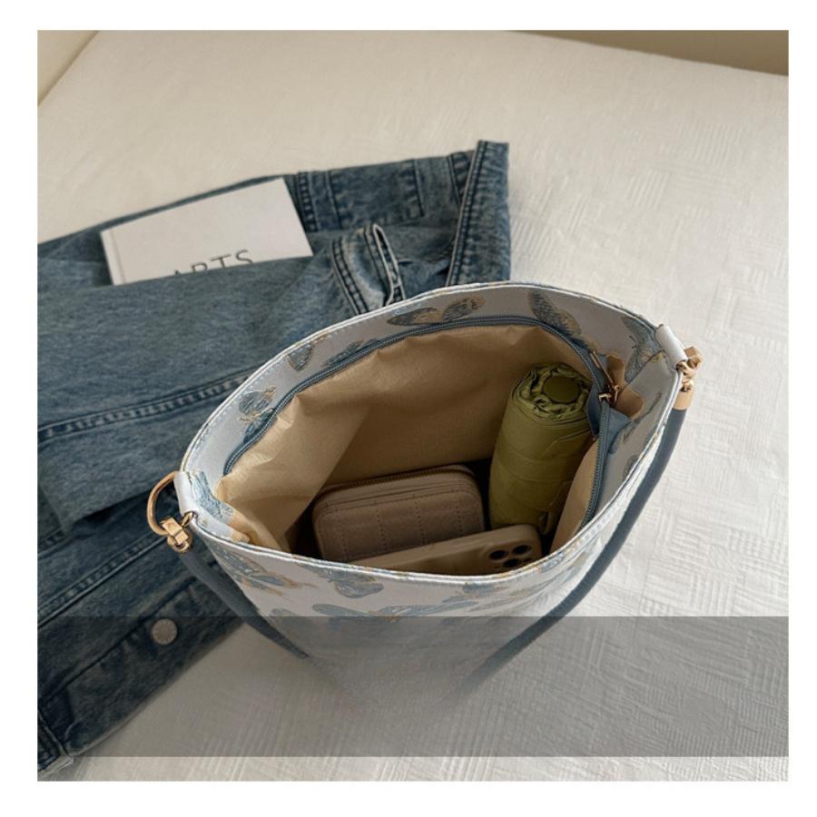 New Chinese Style Silk Bucket Bag Women Fashionable Woven Shoulder Purse Soft Underarm Handbag