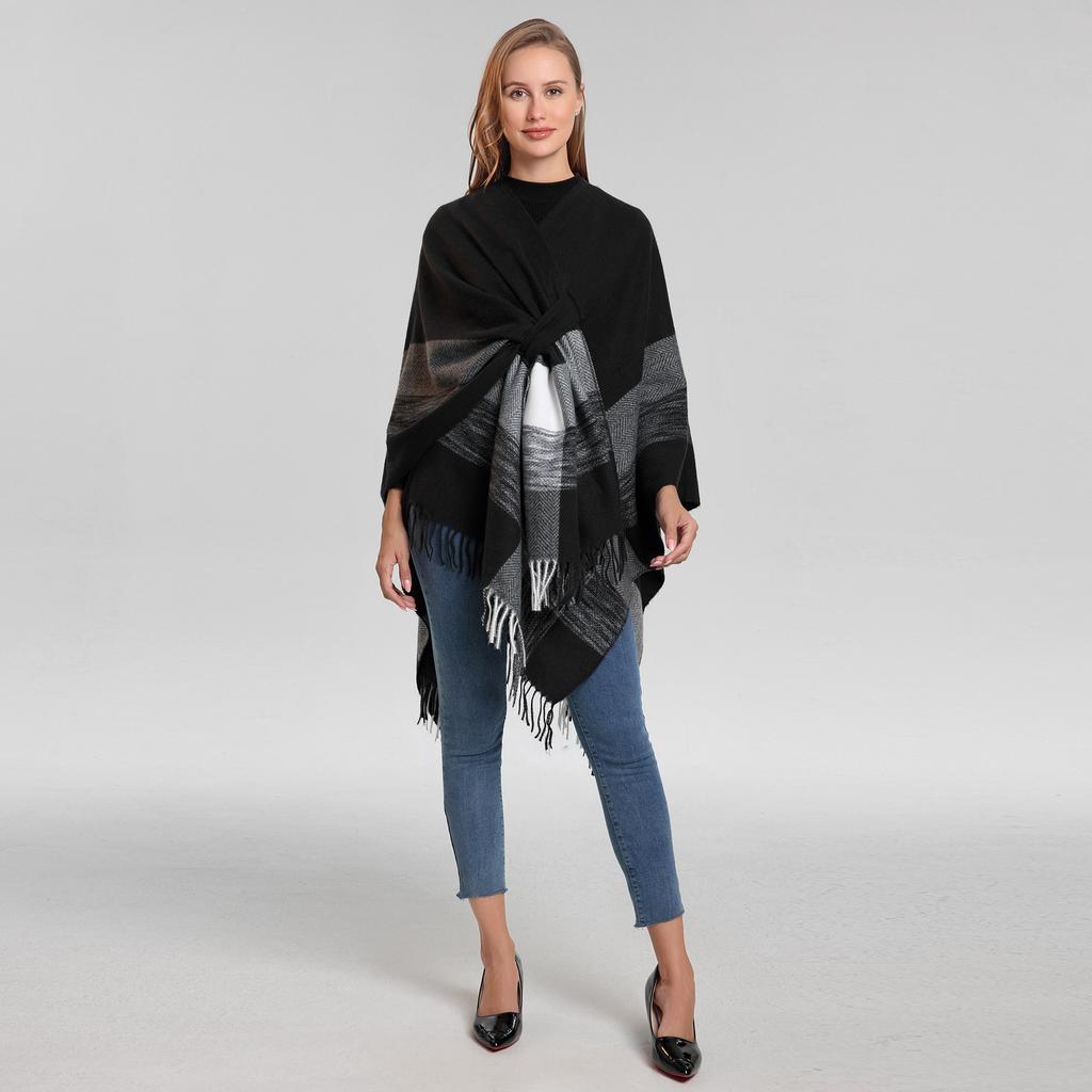 Fringed Cloak Ladies Fixed Strap-On Shawl Minimalist Scarf