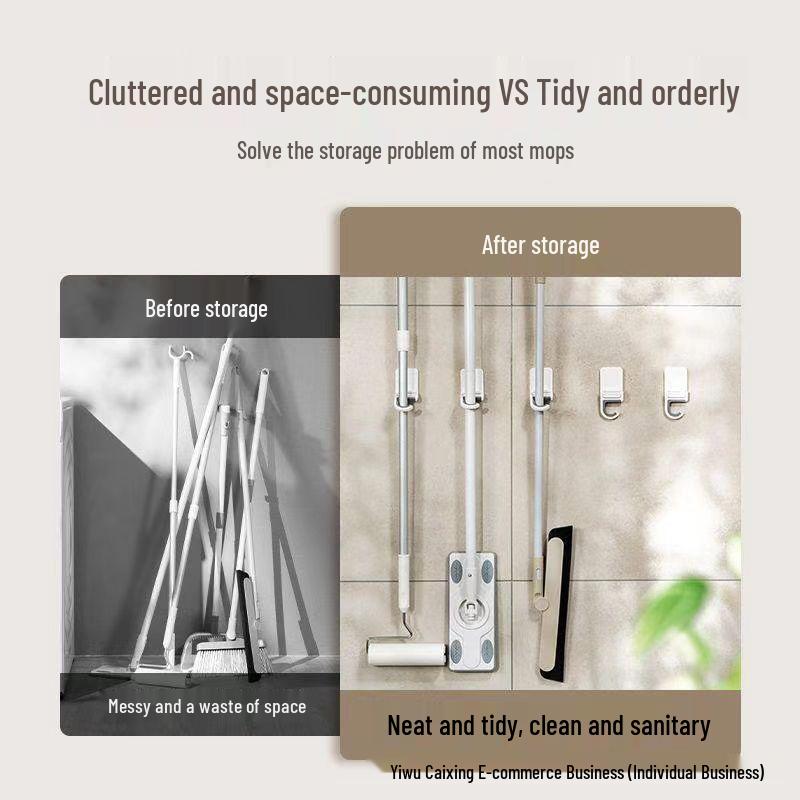 Broom & Mop Wall Mount: No-Drill Hook Clip for Door Storage