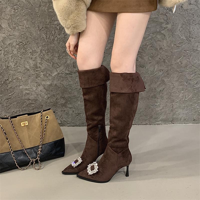 Mi Ting high boots temperament pointed rhinestone square buckle knee boots women can wear more high-heeled American thin boots