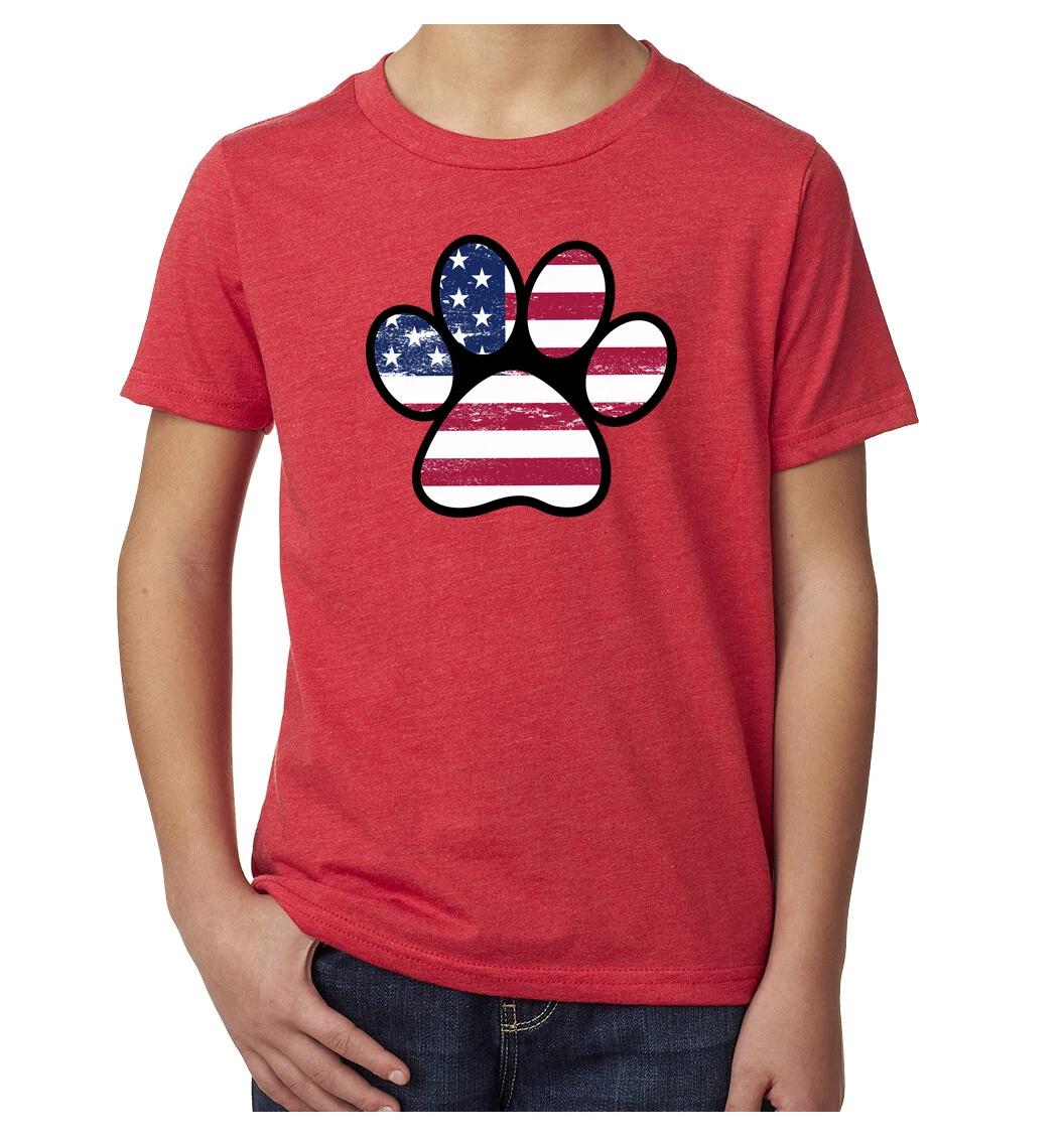 Paw Print with American Flag, Kids Patriotic Shrits, Graphic Tees 100