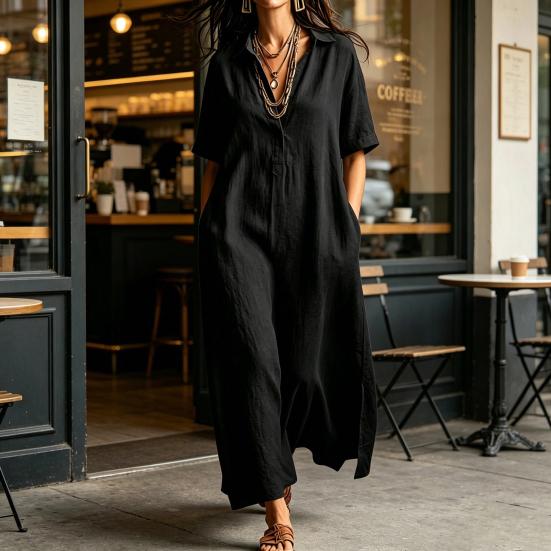 Summer Cotton Linen Dress for Women, Casual Loose Short Sleeve Long Dress, Button Up Lapel V Neck Flowy Maxi Dress