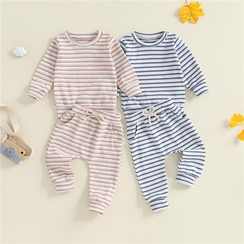 Toddler Baby Boys Girls Fall Waffled Clothes Stripe Long Sleeve Round Neck Pullover Elastic Waist Long Pants 2Pcs Outfit