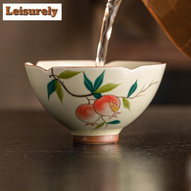 2pc/set Cream Ru Kiln Ceramic Teacup Hand-painted Pomegranate Cup Master Single Mug Taste Tea Bowl Chazhan Kung Fu Teaset 50ml