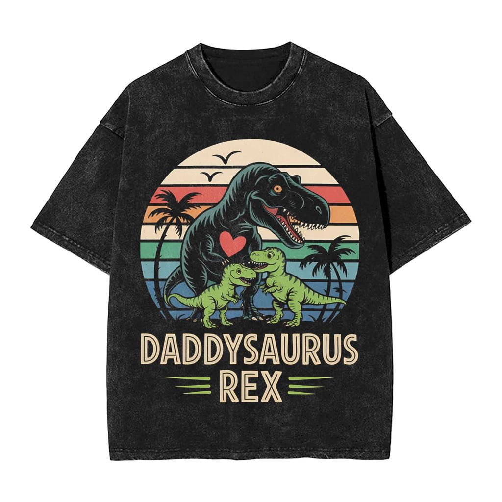 Papasaurus Washed TShirt Mens Vintage Casual TShirts Summer Crew Neck Novelty Tee Shirt Simple Oversized Clothing