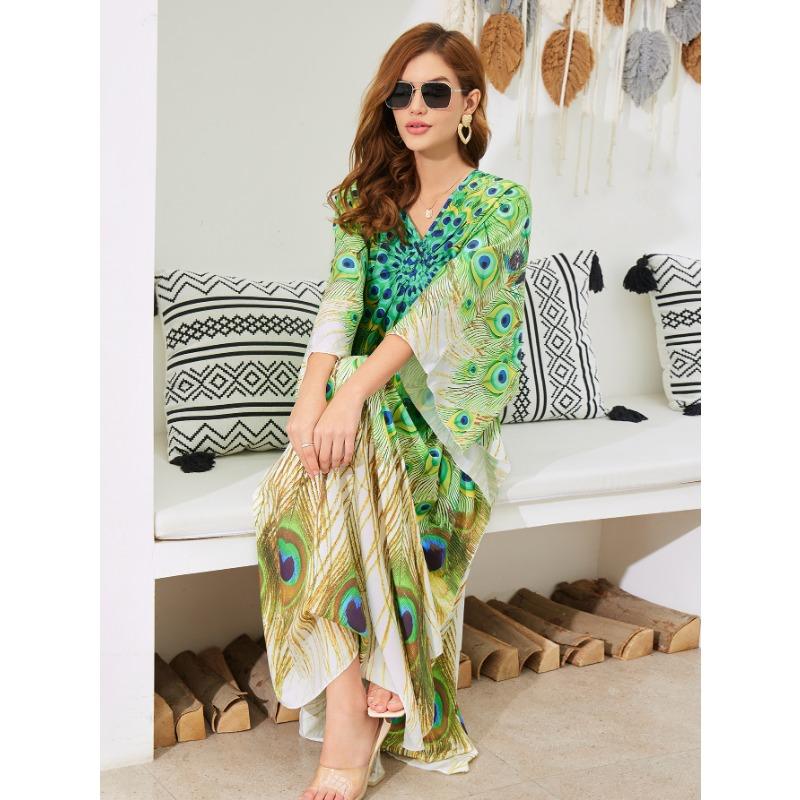 Women's Fashion Summer Spring Feather Print 3/4 Sleeves V-Neck Loose Waistline Casual Dresses