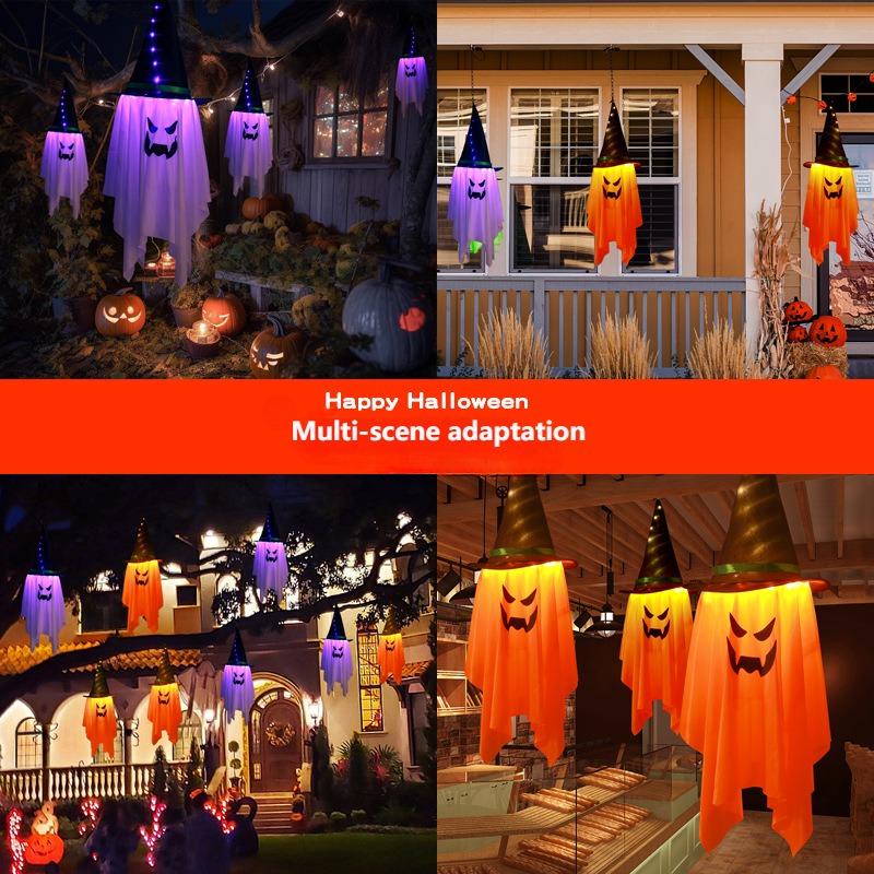 Halloween Decorations Flying Witch Hats Ghost Hanging LED Lights Bar Halloween Party Supplies Dress Up Glowing Wizard Ghost Lamp