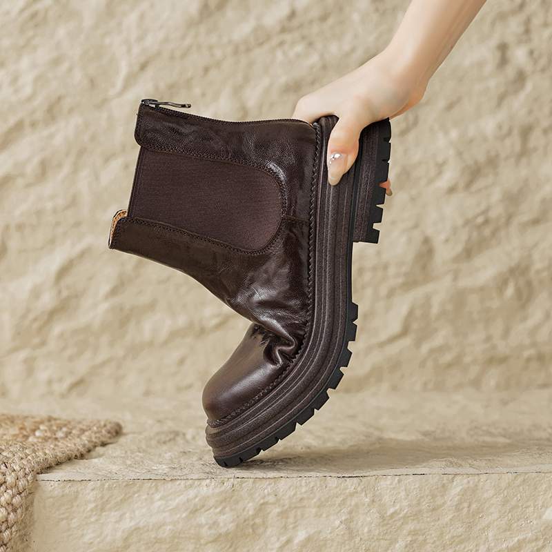 Krazing Pot Sheep Skin Round Toe Winter Med Heels Chelsea Boots Women Zipper Retro Fashion Platform Ankle Boots