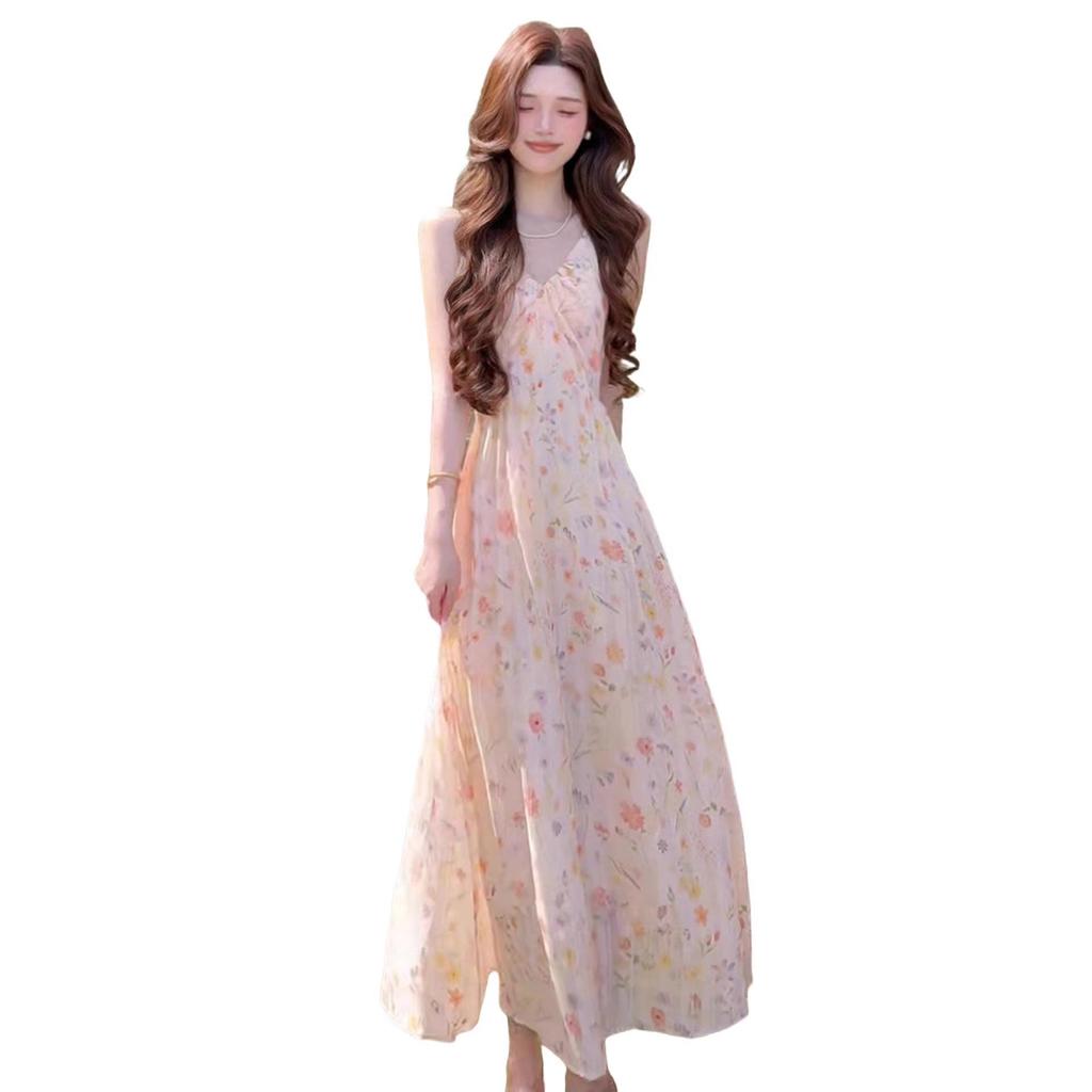 2026 new models are popular this year, beautiful long skirts for women, summer beautiful temperament, French floral suspender dress for women