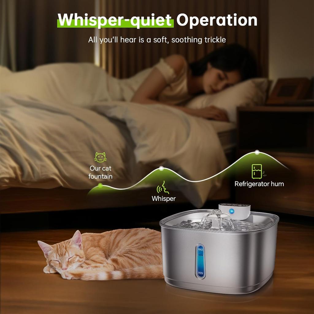 Wireless Cat Water Fountain Battery Operated, 108oz/3.2L Stainless Steel Automatic Pet Water Fountain for Cats & Dogs with Motion Sensor, Ultra Quiet