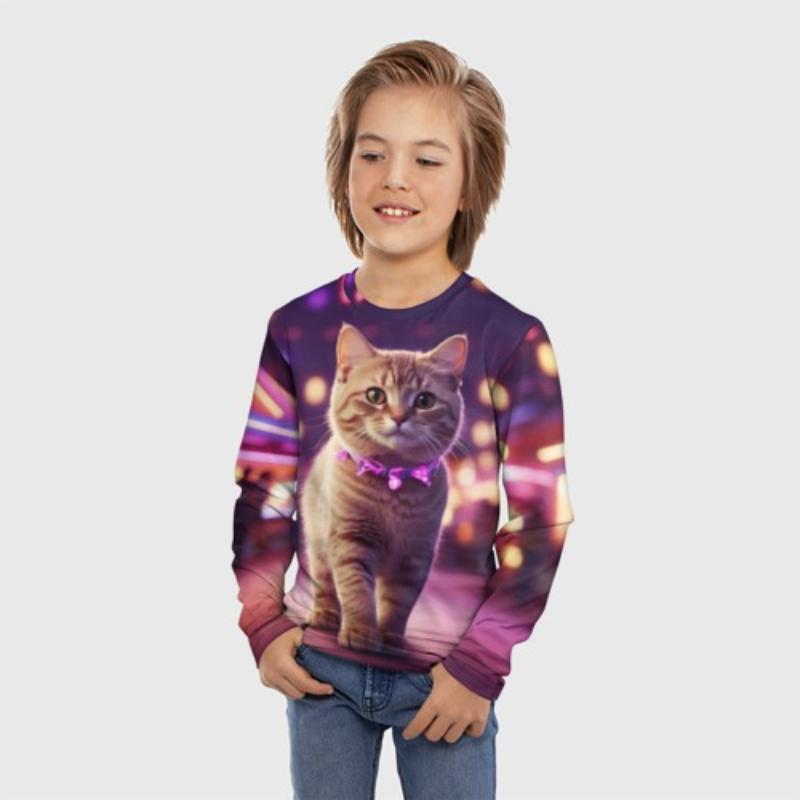 Children's Cartoon Cute Kitten Print T-shirt Boys Cute Long Sleeved Soft Comfortable Top