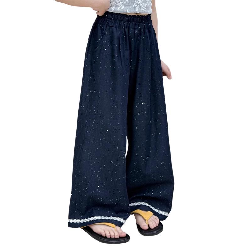 Fuluomi Girls  Summer Deep Blue Wide-Leg Casual Pants 170