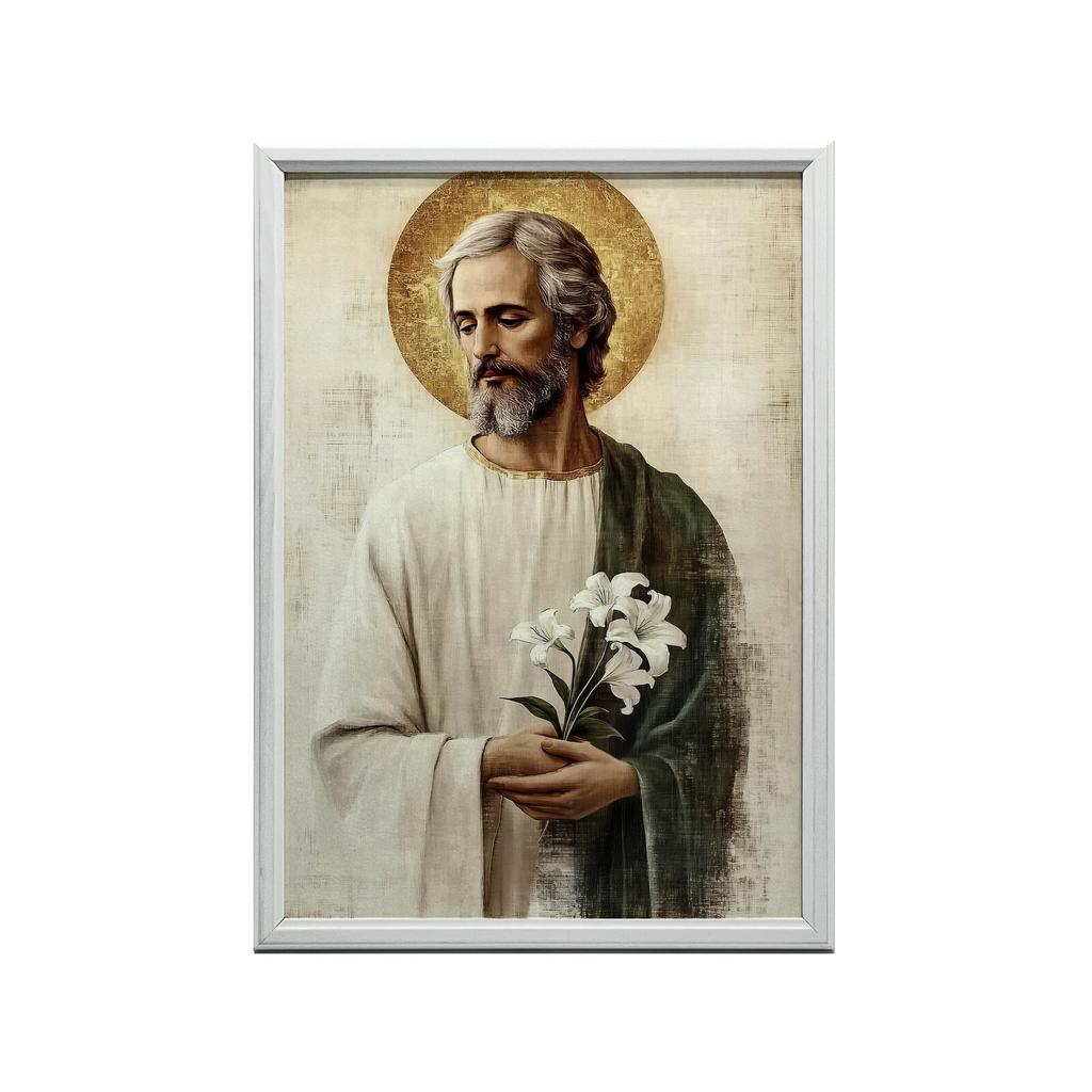 Święty Józef Z Bukietem Lilii Święty Józef Z Bukietem Lilii, 30X40 Cm, Rama Aluminiowa Złota, Papier Matowy 230 Gsm