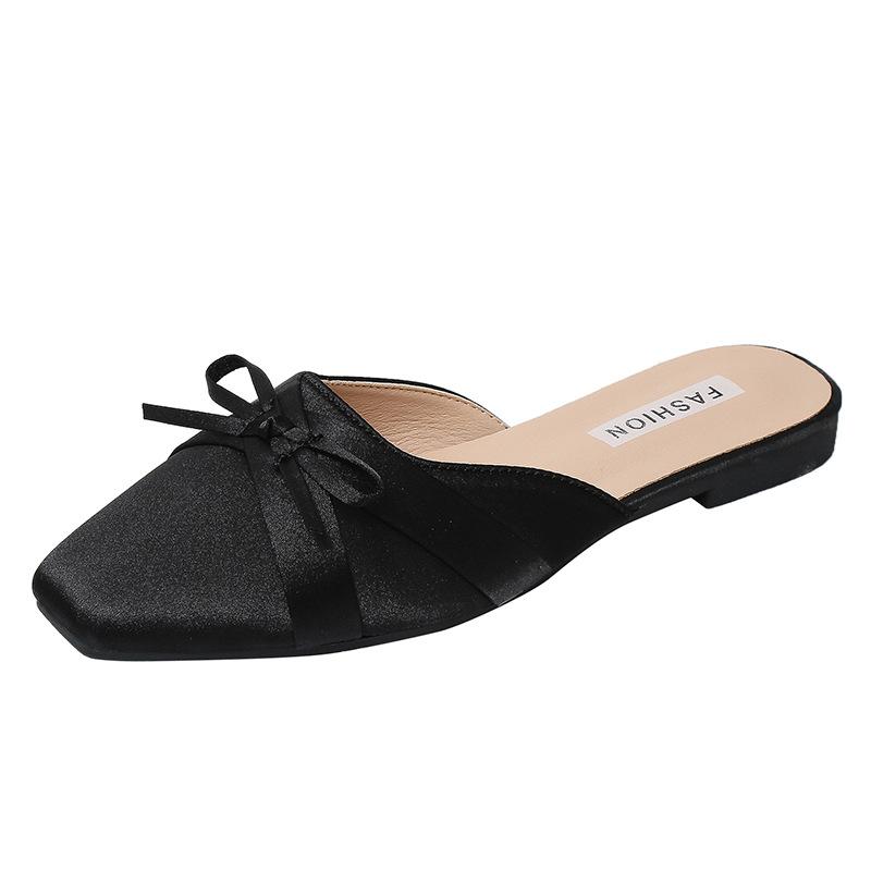 Summer Season New Satin Pearl Versatile Beautiful Cool Half Drag Outside Shoes Square Head Flat Bottom Bag Head Slippers