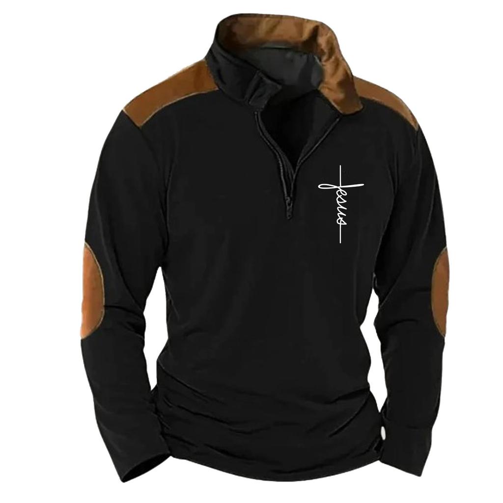 Men's Vintage High Neck Top Half Zip Sports Long Sleeve Sweater
