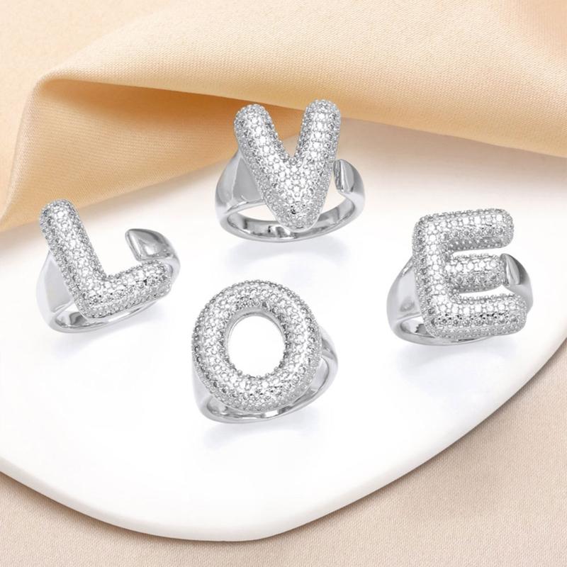 Letter Design Ring with Clear Stone Detail, Copper Base Fashion Jewelry for Daily Outfits, Party Styling and Gifts