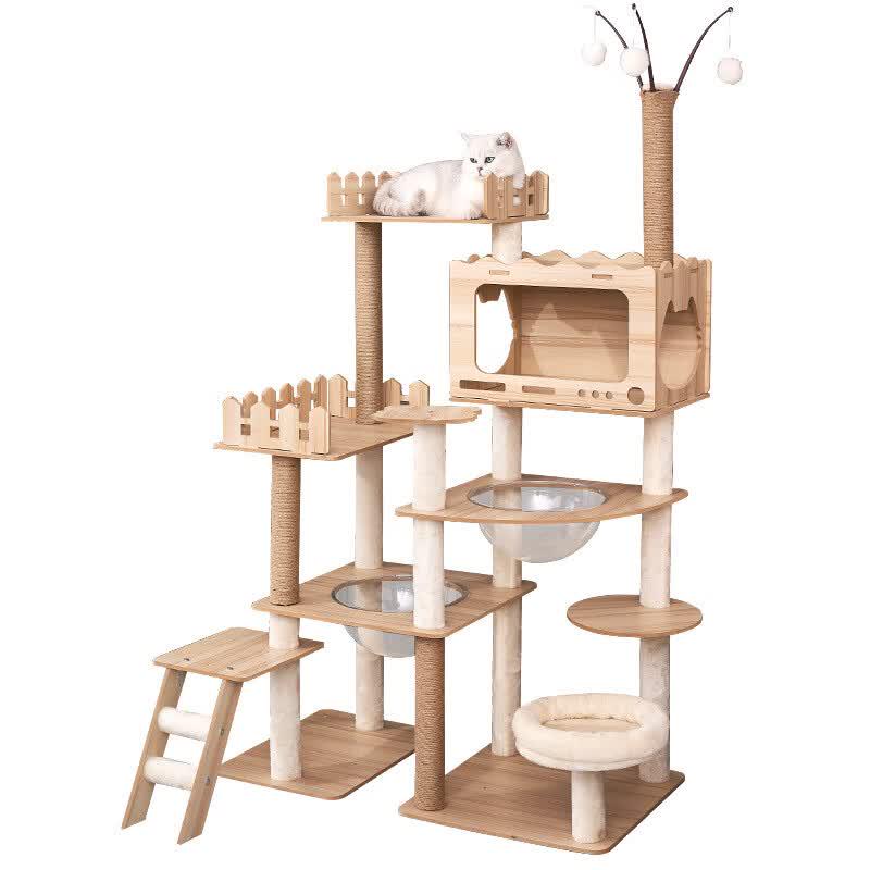 Large Wooden Cat Tree with Space Capsule & Scratcher