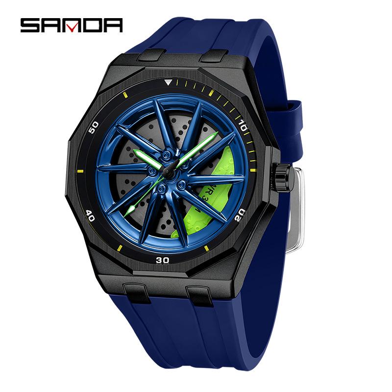 SANDA Men's Waterproof Luminous Polygonal Quartz Watch with 3D Rotating Dial and Silicone Band