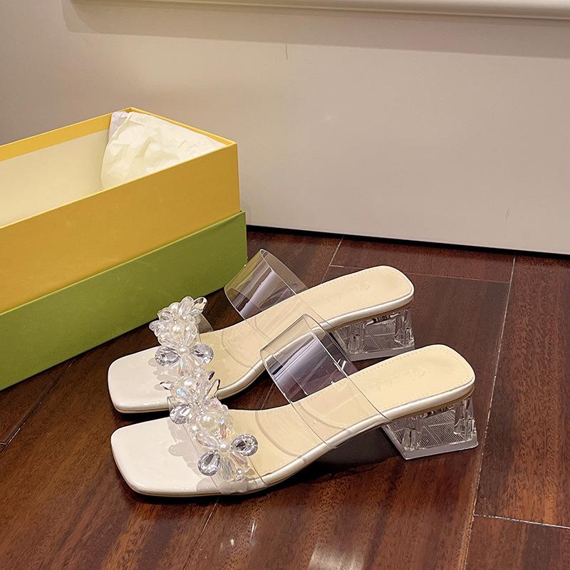 2025 New Transparent Heel Cool Slippers Women's Shoes Summer Wear Fairy Style with Skirt Rhinestone High-heeled Slippers