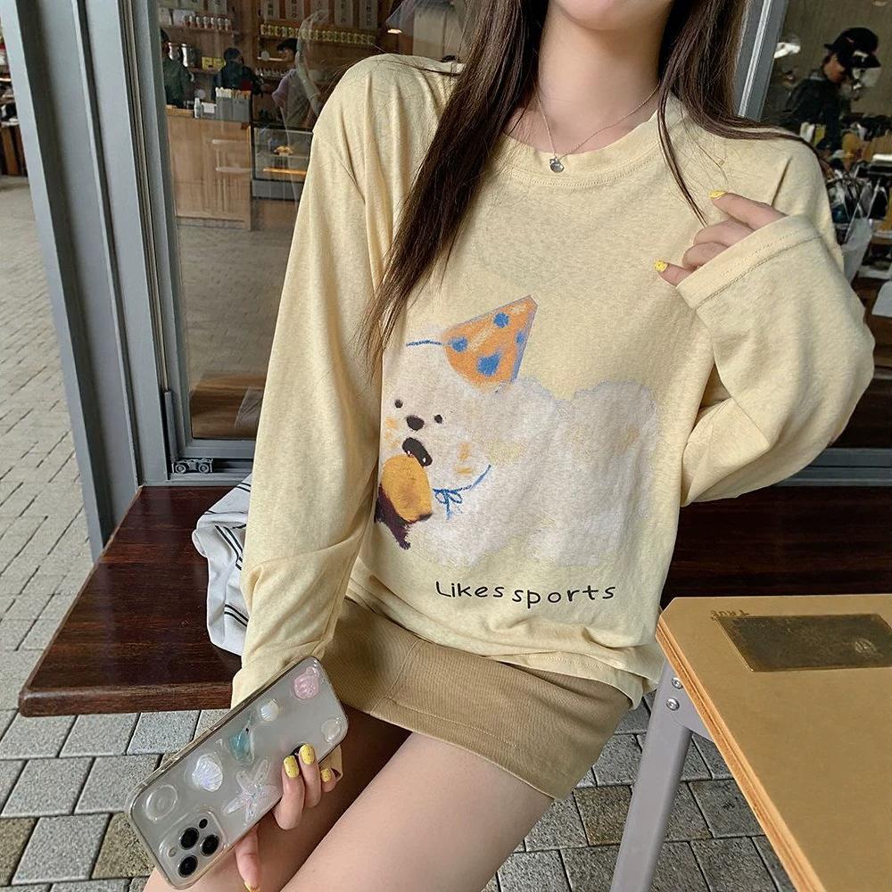 Slack Puppy Print Yellow Long-sleeved T-shirt Women's Summer New Korean Loose Sunscreen Versatile Crew Neck Top