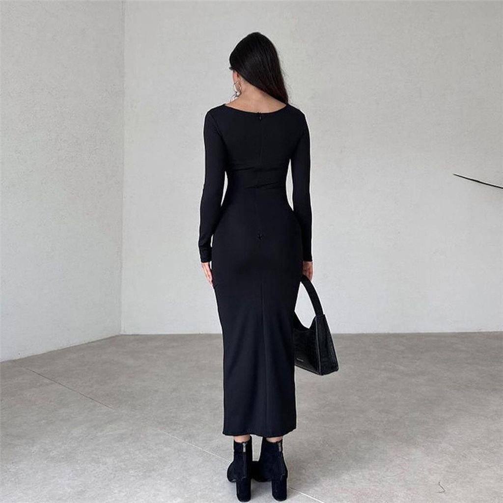 Spring Autumn New Women's Solid Color Bodycon Long Pencil Dress Elegant Slim Fit Casual Party Dress