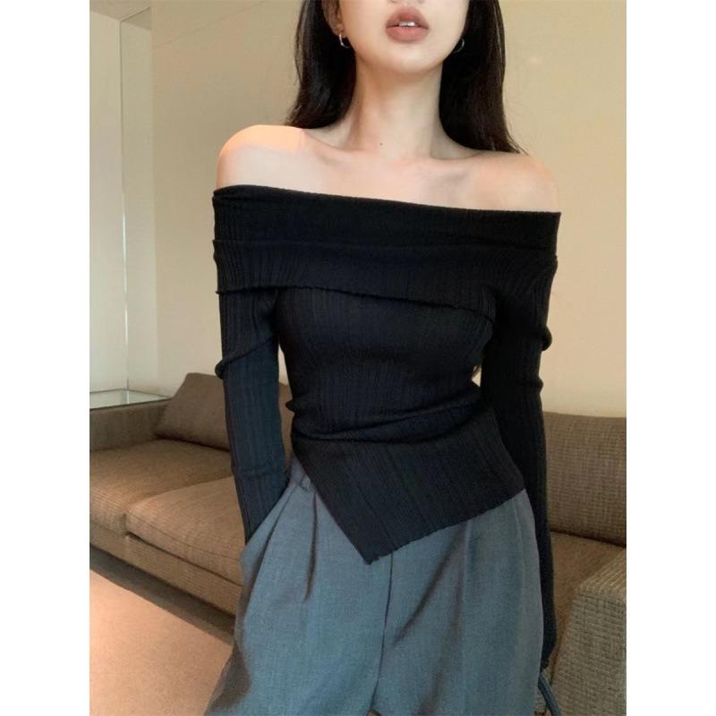 Autumn retro one-word shoulder pullover shows thin split irregular new thin casual knitted sweater top women