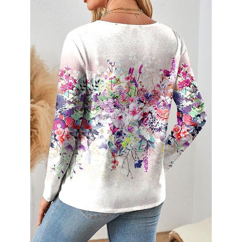 Women's T-Shirts Floral Graphic Plants V-Neck Long Sleeve T-shirts Elegant Trendy Tees Regular Tops Women's Pullover Fall Winter
