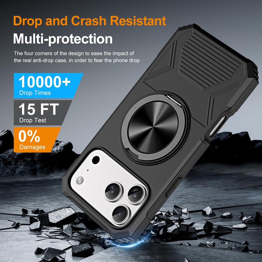 iPhone 17 Pro Max Drop-Proof Magnetic Case with 360° Rotating Ring Stand