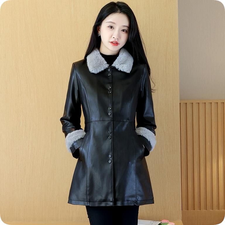Women's Mid-length Leather Jacket Plus Velvet Thickened Western Style Plus Size Women's Autumn and Winter Middle-aged Disposable Leather Warm Jacket