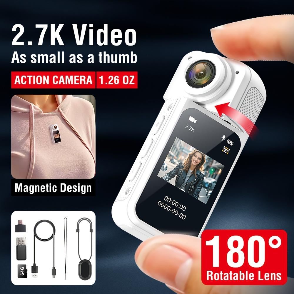 2,7K Ultra High Definition Finger-Actionkamera mit Magnetband, 180° drehbarem Objektiv und 64GB Karte – tragbare POV-Kamera für unterwegs