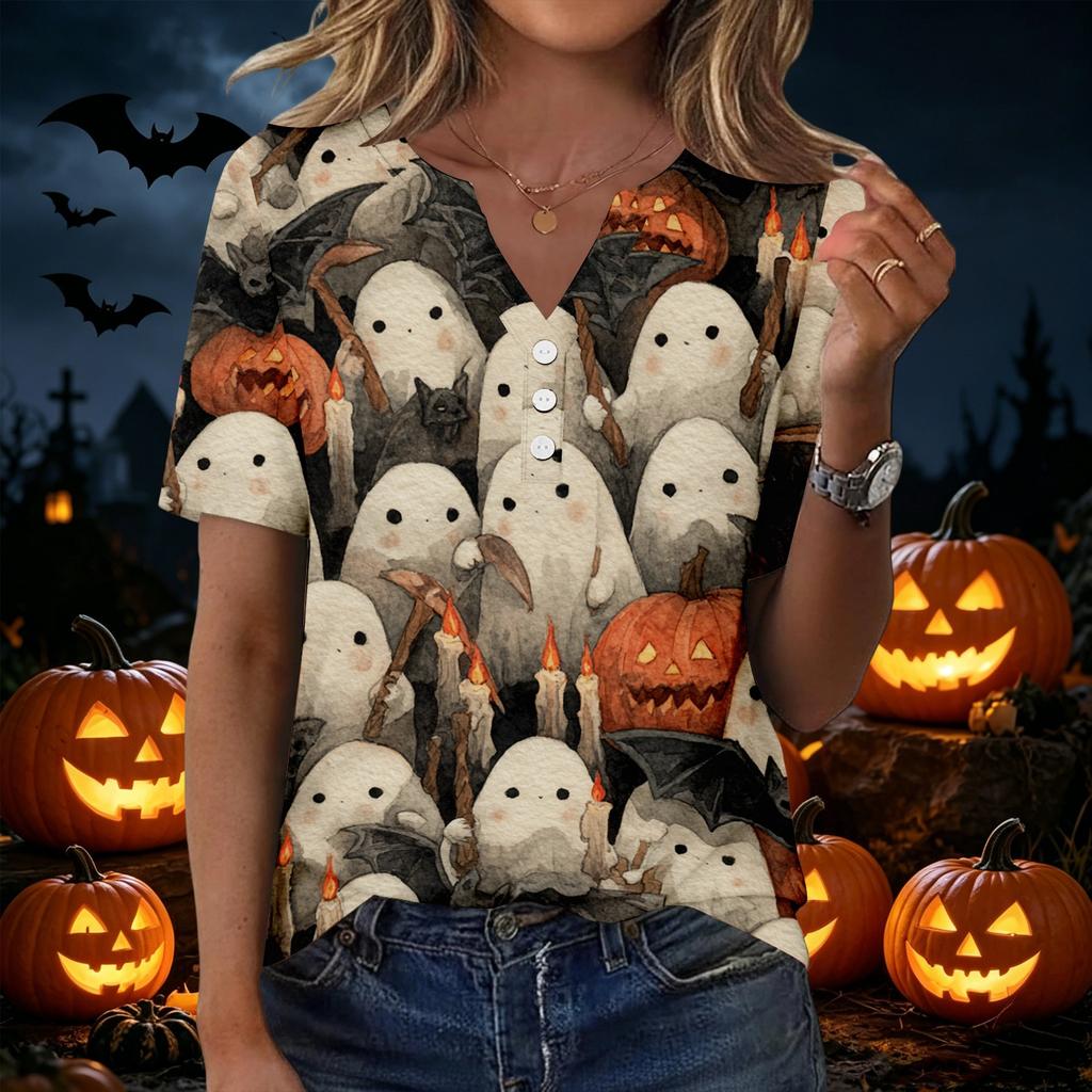 Women's Casual Halloween Print V Neck Short Sleeve T Shirt with Decorative Buttons Gothic Style Relaxed Fit Top for Everyday Wear