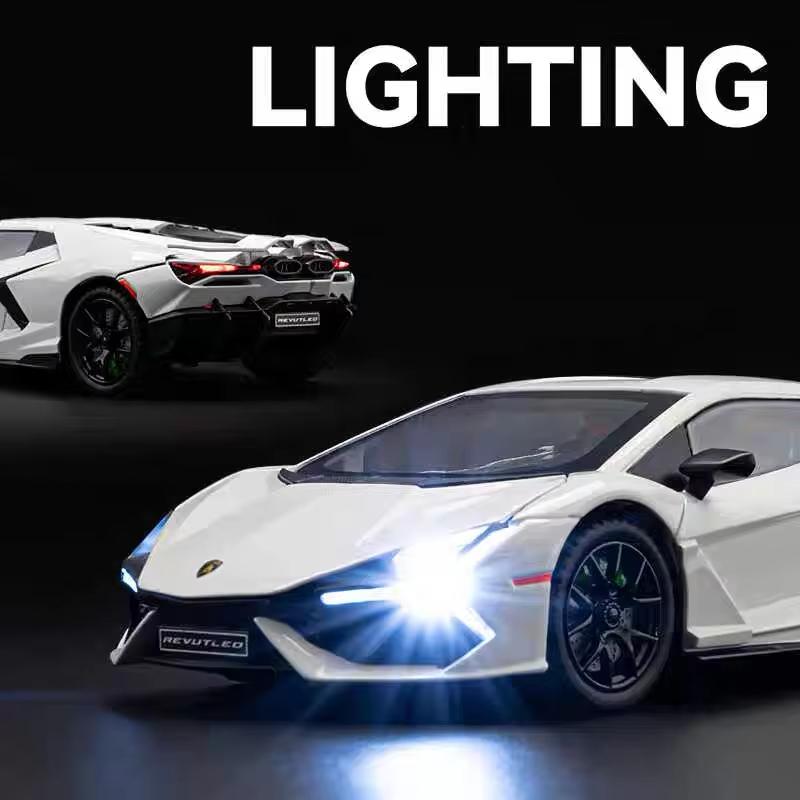 1:24 Lamborghini Revuelto Alloy Scale Car Model Die-cast Metal Miniaturowy samochód Dźwięk i światło Kolekcja ozdób Zabawkowy samochód dla dzieci Prezent