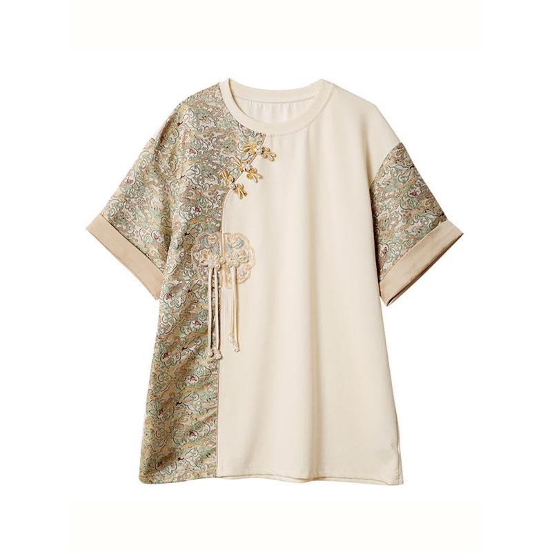 Chinese Style Spliced Short-sleeved T-shirt Women 2025 Summer New Base Shirt New Button Mid-length Casual Top