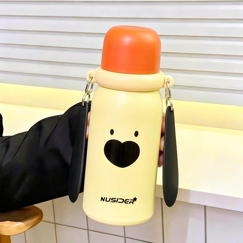 Hand-Thermosbecher Edelstahl Tragbar Doppelter Trinkhalmbecher Kinder Schüler Niedlicher Wasserbecher