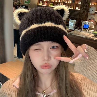 Korean Style Animal Ear Beanie Winter Hat for Women, Cute Knit Cap with Ears, Stretchy Warm Fuzzy Hat for Large Head
