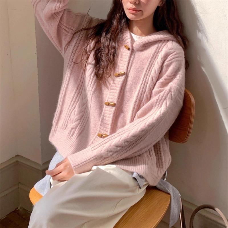 Soft Waxy Loose Hooded Horn Buckle Sweater Women's New Autumn and Winter Small Knitted Cardigan Jacket