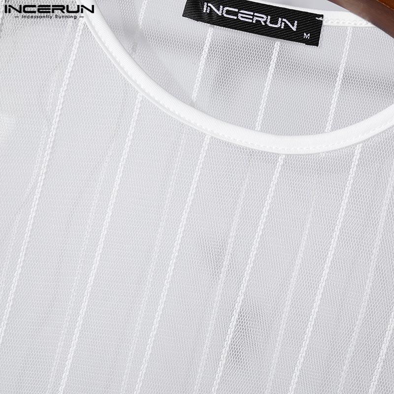INCERUN Men Sleeveless Fishnet See Through Short Tank Tops Mesh Crop T-shirts